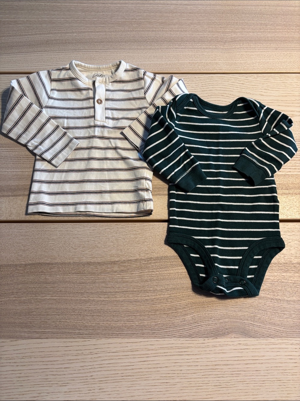 Striped Green & Cream Long-Sleeve Bodysuit Set - Kids